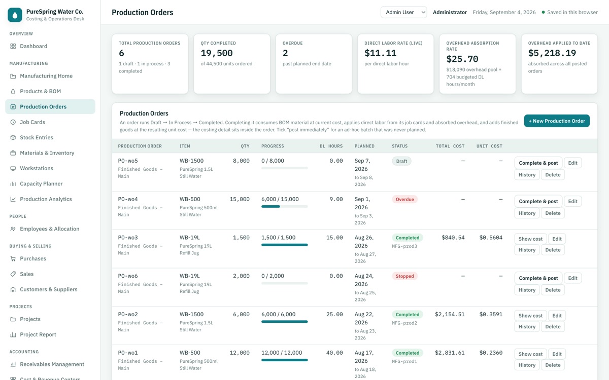 CostingERP — Production orders