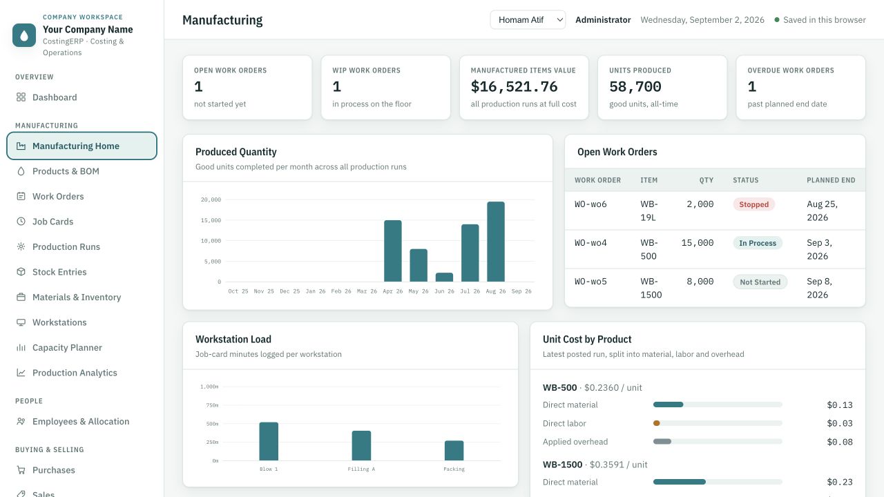 CostingERP manufacturing workspace
