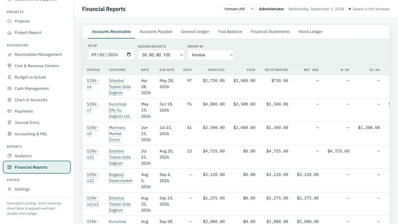 CostingERP reports screen